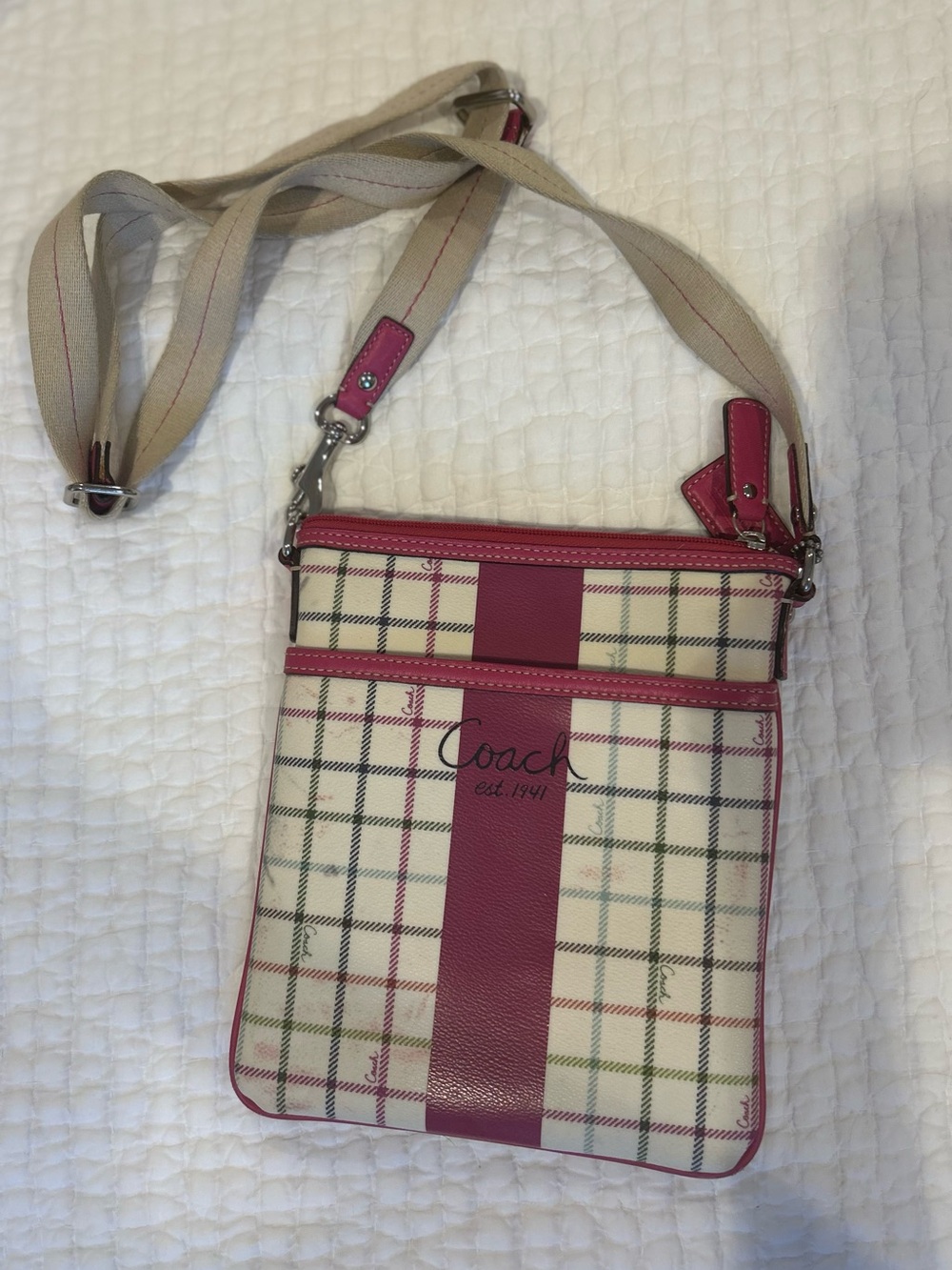 Coach Heritage Pink Plaid Tattersall Adjustable Crossbody Swingpack Bag